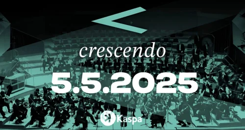 Promotivni plakat za koncert Crescendo 5.5.2025 s orkestrom i Kaspa logotipom.
