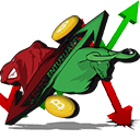 Simbol bika i medvjeda, silazne i uzlazne strelice, Bitcoin novčići, kripto tržište.