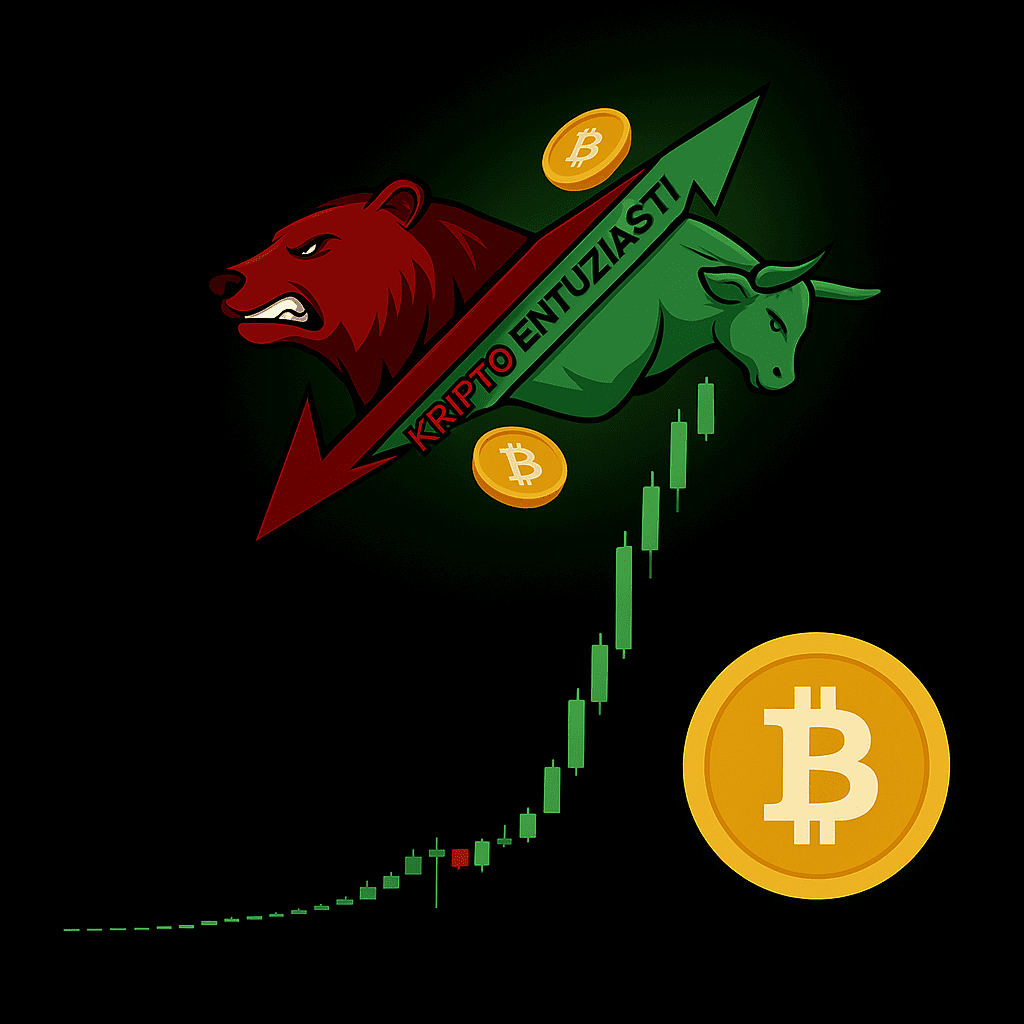 Medvjedi i bikovi simboliziraju tržište kriptovaluta s Bitcoin znakovima i svijećnjacima.Još nije prekasno za BITCOIN