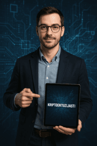 Muškarac drži tablet s natpisom KRIPTOENTUZIJASTI pred tehnološkom pozadinom.