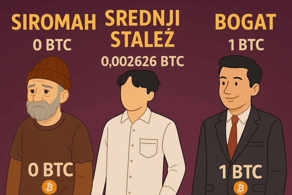 Prikaz ekonomske razlike kroz kripto likove: siromašni, srednji stalež, bogati s Bitcoinom.Koliko malo Bitcoina 