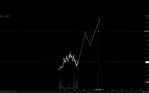 Kripto grafikon s Elliott Wave analizom, predviđanje cijene do 2028 u USDT.