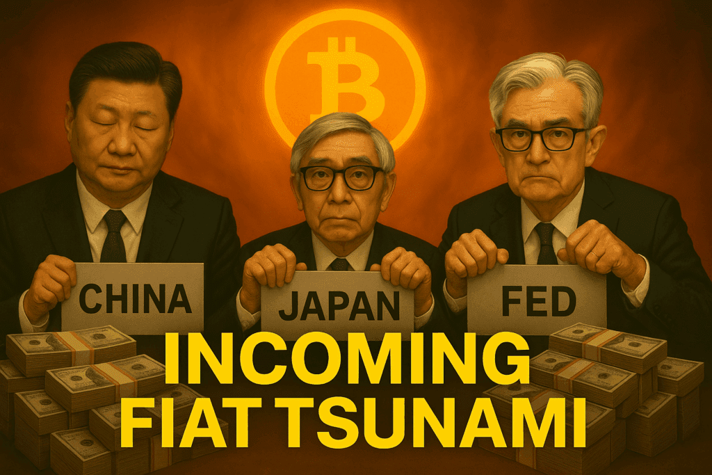 Tri muškarca sa znakovima Kina, Japan, FED; Bitcoin simbol; fiat tsunami.