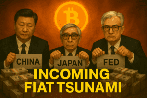 Tri muškarca sa znakovima Kina, Japan, FED; Bitcoin simbol; fiat tsunami.