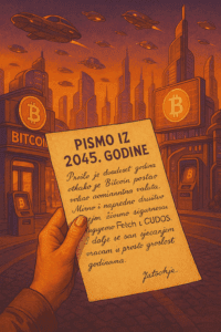 Futuristički grad 2045, leteći automobili, Bitcoin simboli, pismo iz budućnosti.