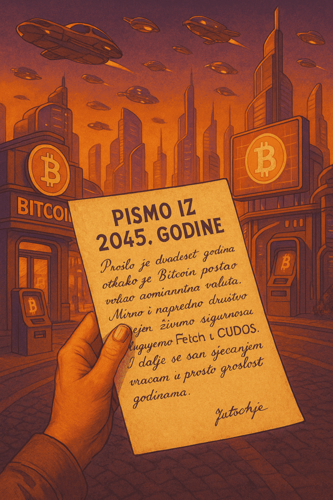 Futuristički grad 2045, leteći automobili, Bitcoin simboli, pismo iz budućnosti.
