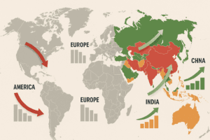 Karta globalnih ekonomskih i demografskih trendova, rast Azije, pad Amerike i Europe.
