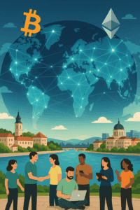 Digitalni svijet, kriptovalute, globalna povezanost, ljudi koriste tehnologiju.