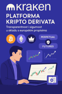 Crypto burza Kraken Kraken kripto derivati platforma, Bitcoin Ethereum ikone, transparentnost, sigurnost, europska regulacija, trgovanje.