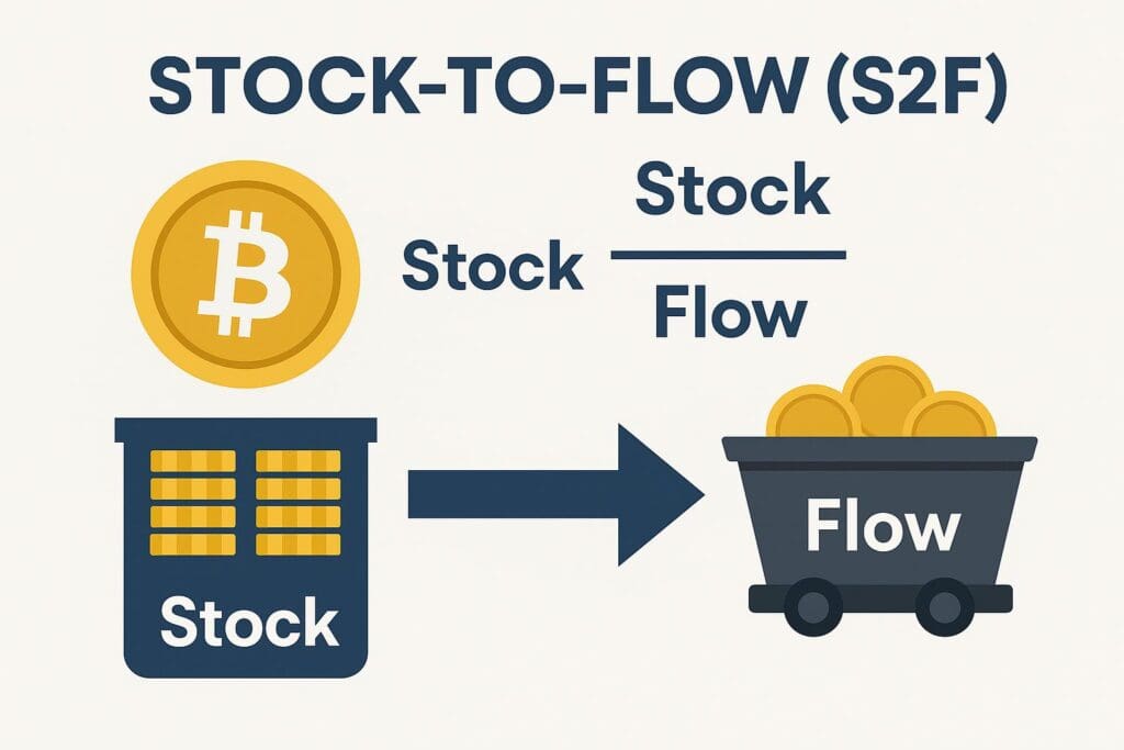 Infografika modela Stock-to-Flow Bitcoina s prikazom rezerve i protoka.