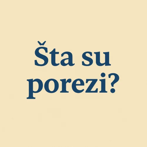 Šta su porezi? Pitanje u minimalističkom dizajnu na bež pozadini s plavim slovima.