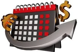 Financijski kalendar s valutnim simbolima: euro i dolar, te strijelom koja označava rast.ekonomski događaji