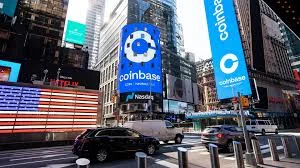 Coinbase Nasdaq IPO Times Square billboard New York. S&P 500