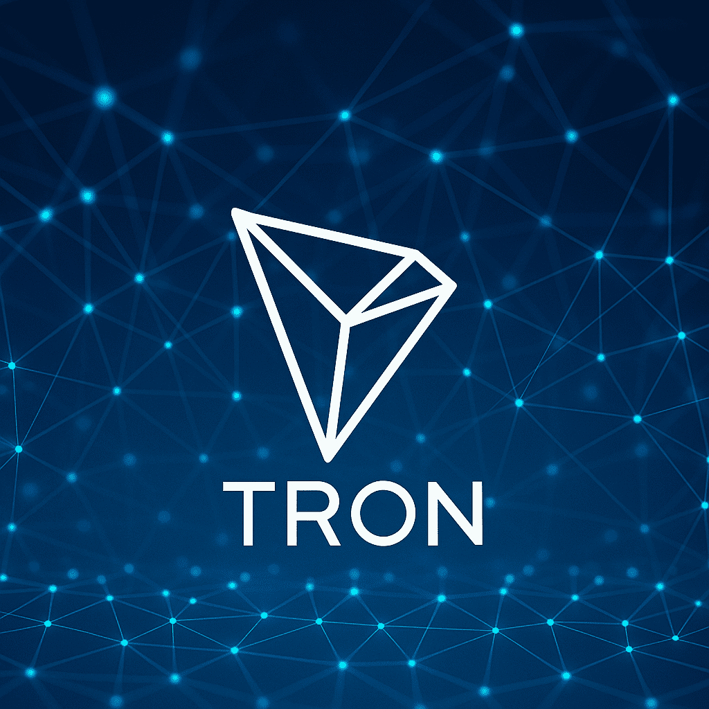TRON mreža logo on futuristic blockchain network background, emphasizing digital connectivity and decentralization.