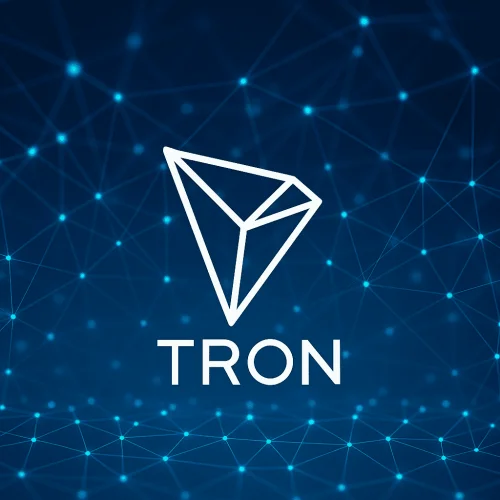 TRON mreža logo on futuristic blockchain network background, emphasizing digital connectivity and decentralization.