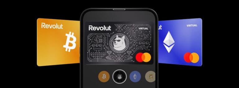 Revolut kreditne kartice, Bitcoin, Ethereum, kripto dizajn, digitalni novčanik, moderna bankovna usluga.