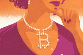 Portret žene s bisernom ogrlicom i slovom B, ilustracija u narančastim i ljubičastim tonovima.prihvaćanje digitalne imovine