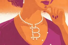 Portret žene s bisernom ogrlicom i slovom B, ilustracija u narančastim i ljubičastim tonovima.prihvaćanje digitalne imovine