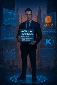 Čovjek u poslovnom odijelu u digitalnom gradu s natpisom MOGU JA TO I BOLJE.