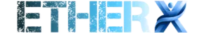 Moderan ETHERX logo s ledenim efektom, plavim gradijentom i 3D slovom X.