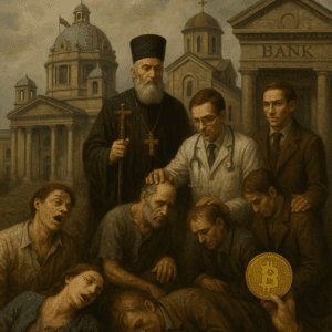 Skupina ljudi prikazuje sukob vjere, medicine, birokracije i digitalne ekonomije.