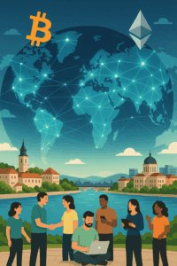 Digitalni svijet, kriptovalute, globalna povezanost, ljudi koriste tehnologiju.