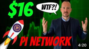 Iznenađeni čovjek, Pi Network, vrijednost $16, financijsko tržište, raketa, grafikon pozadine.
