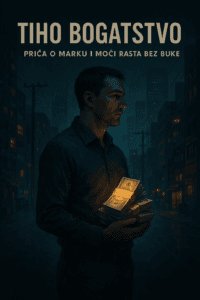 Muškarac s novcem u noćnom urbanom okruženju, osvijetljen zlatnim sjajem.