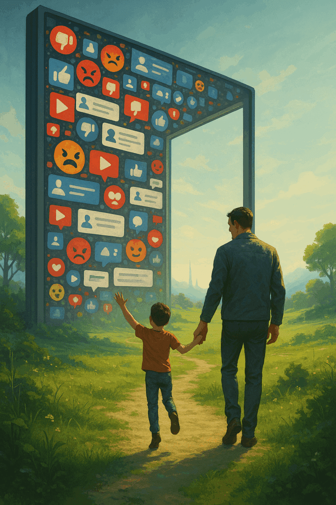 Otac i sin hodaju prirodom prema vratima od digitalnih društvenih mreža, simbolizira generacijski prijelaz.Počeo sam polako