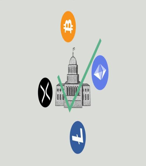 Vladina zgrada s kriptovalutama Bitcoin, Ethereum, Litecoin, XRP i zelenom oznakom odobrenja.Pravi razlog.Dolar