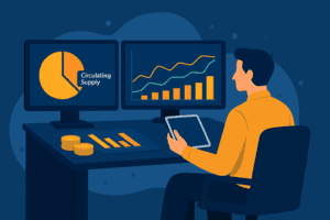 Ilustracija prikazuje investitora kako analizira circulating supply i tokene putem grafikona i statistike.