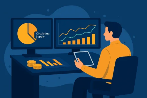 Ilustracija prikazuje investitora kako analizira circulating supply i tokene putem grafikona i statistike.circulating supply