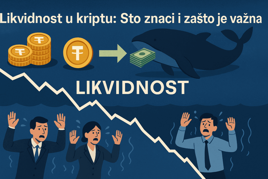 Ilustracija prikazuje kako whale prodaje tokene i povlači likvidnost dok mali investitori ostaju zarobljeni u panici.