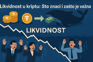 Ilustracija prikazuje kako whale prodaje tokene i povlači likvidnost dok mali investitori ostaju zarobljeni u panici.