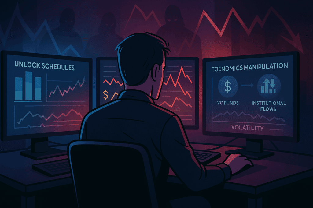 Investitor analizira tokenomiju manipulaciju na ekranima s prikazom unlock ciklusa i raspodjele tokena u pozadini.