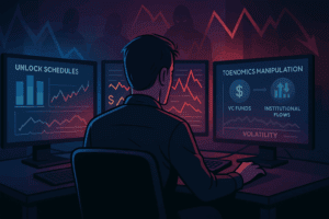 Investitor analizira tokenomiju manipulaciju na ekranima s prikazom unlock ciklusa i raspodjele tokena u pozadini.