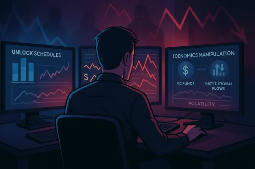 Investitor analizira tokenomiju manipulaciju na ekranima s prikazom unlock ciklusa i raspodjele tokena u pozadini.