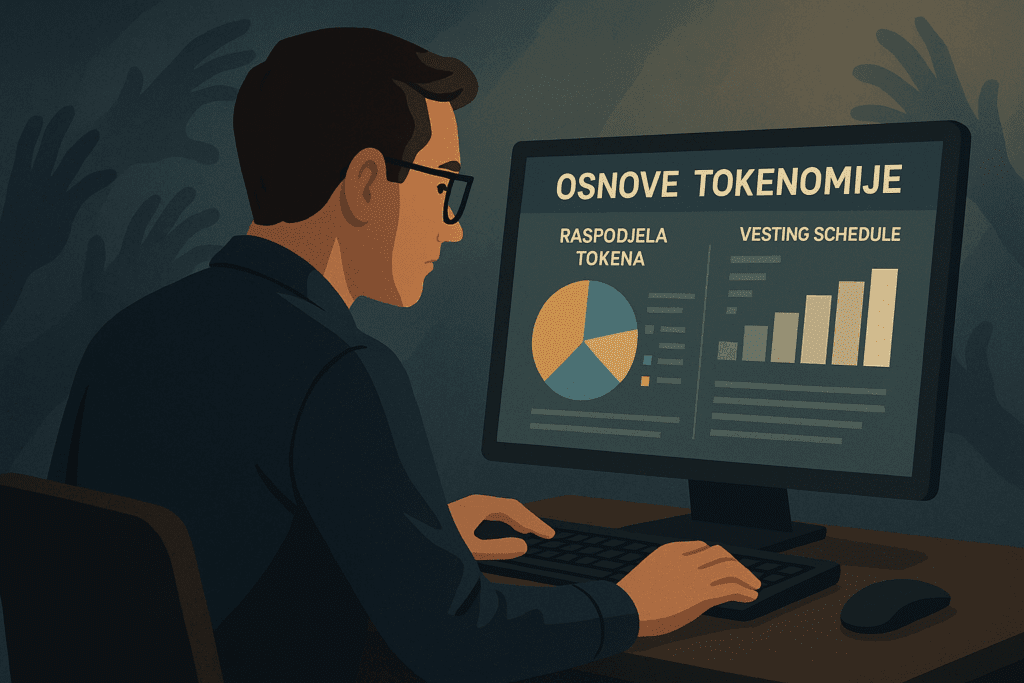 Analitičar proučava raspodjelu tokena i vesting strukturu projekta na ekranu u pozadini
