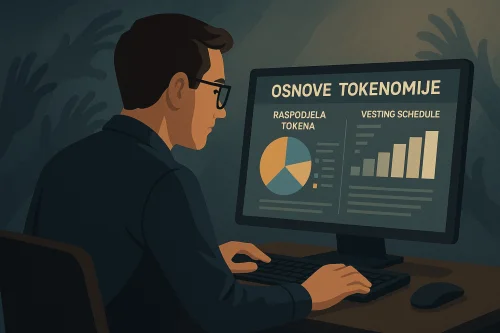 Analitičar proučava raspodjelu tokena i vesting strukturu projekta na ekranu u pozadini