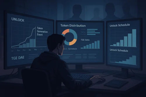 Analitičar proučava raspodjelu tokena i TGE unlock dijagrame dok ga iz pozadine promatraju siluete investitora