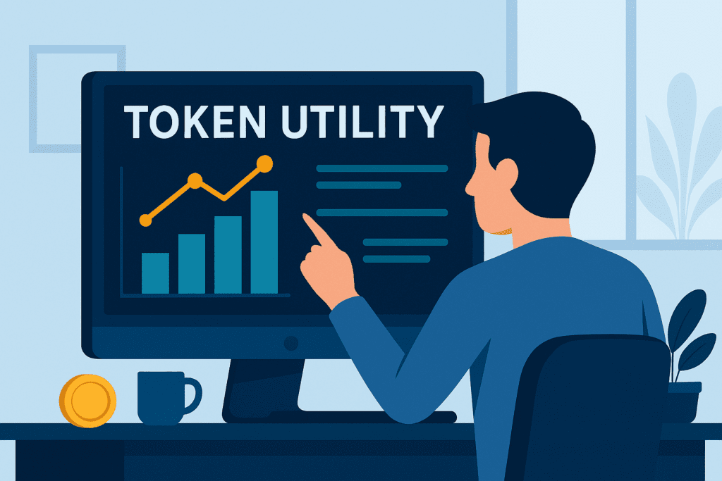 Ilustracija prikazuje investitora kako analizira korisnost tokena u ekosustavu kripto projekta, što simbolizira pojam "token utility".token utility