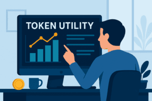 Ilustracija prikazuje investitora kako analizira korisnost tokena u ekosustavu kripto projekta, što simbolizira pojam "token utility".