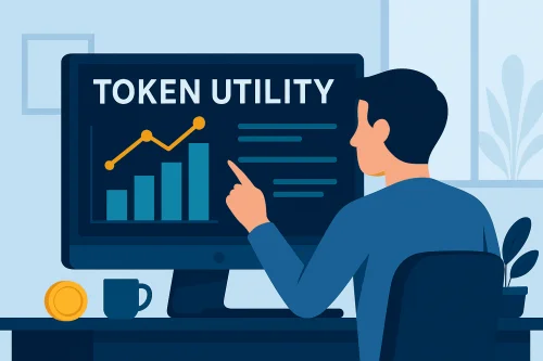 Ilustracija prikazuje investitora kako analizira korisnost tokena u ekosustavu kripto projekta, što simbolizira pojam "token utility".token utility