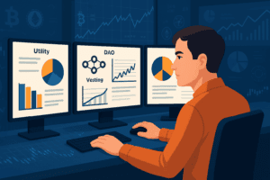 Infografika koja prikazuje analizu zdrave tokenomije kripto projekta s fokusom na distribuciju i decentralizaciju.