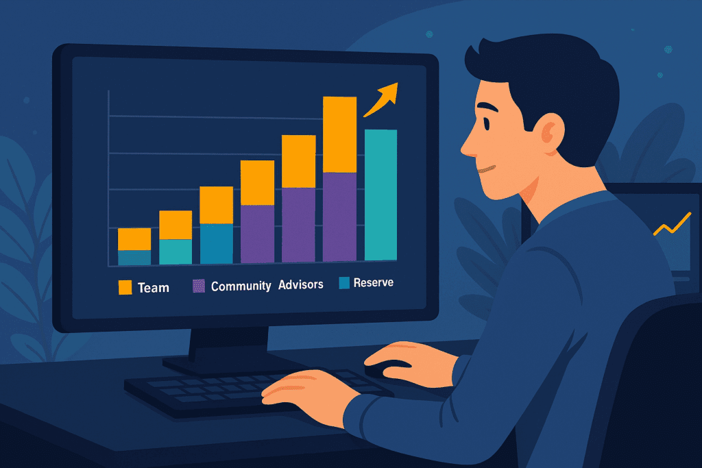 Investitor proučava zdravu tokenomiju i uravnoteženu raspodjelu tokena na više monitora s bar grafovima.