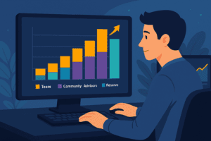 Investitor proučava zdravu tokenomiju i uravnoteženu raspodjelu tokena na više monitora s bar grafovima.