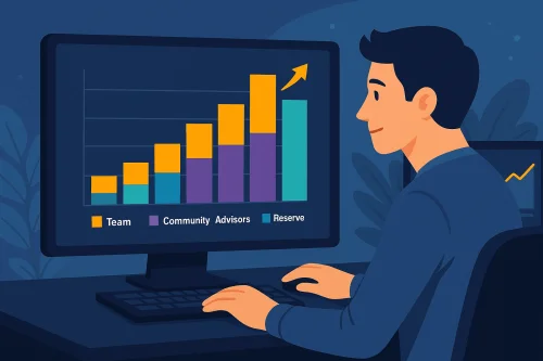 Investitor proučava zdravu tokenomiju i uravnoteženu raspodjelu tokena na više monitora s bar grafovima.