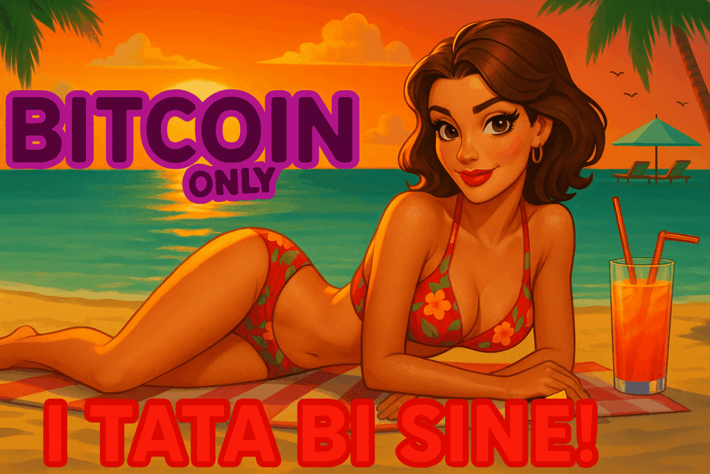 Plaža zalazak sunca, crtan žena u badiću, Bitcoin, ljeto, odmor, kripto promocija.