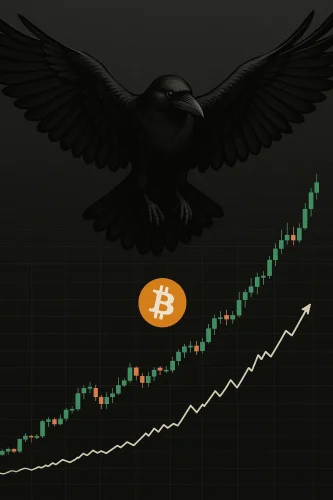 Crni gavran iznad Bitcoin loga i bikovskog grafikona, simbolizira volatilnost kripto tržišta.