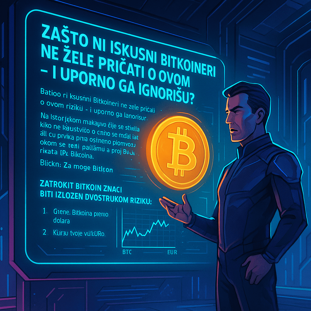 Muškarac analizira rizike Bitcoina na digitalnom ekranu, fokus na volatilnost i sigurnost ulaganja.valutni rizici